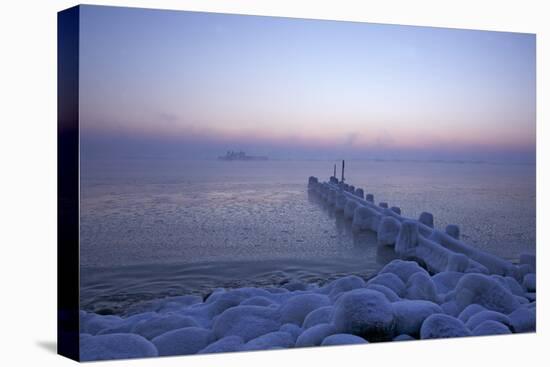 Icy Morning at the LŸbeck Bay in TravemŸnde, Iced Up Stones, Pier, Ship, Morning Mood-Uwe Steffens-Premier Image Canvas