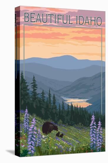 Idaho - Bear and Spring Flowers-Lantern Press-Stretched Canvas