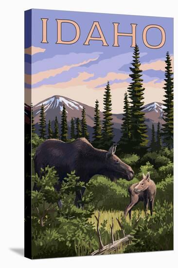 Idaho - Moose and Baby Calf-Lantern Press-Stretched Canvas