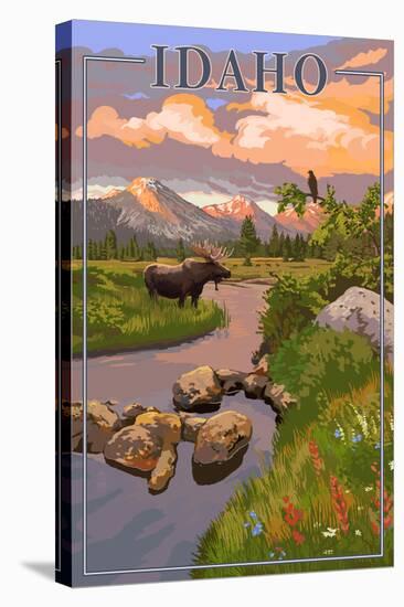 Idaho - Moose and Sunset-Lantern Press-Stretched Canvas