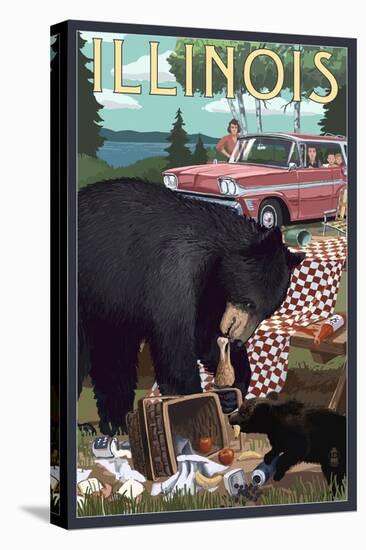 Illinois - Bear and Picnic Scene-Lantern Press-Stretched Canvas