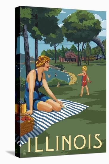 Illinois - Lake and Picnic Scene-Lantern Press-Stretched Canvas