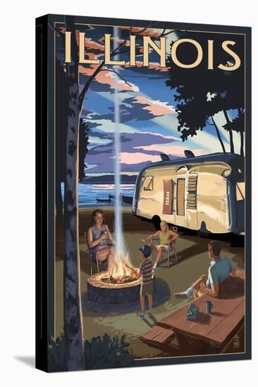 Illinois - Retro Camper and Lake-Lantern Press-Stretched Canvas