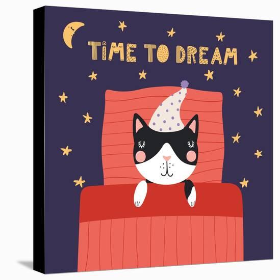 Illustration of a Cute Funny Sleeping Cat in a Nightcap-Maria Skrigan-Stretched Canvas