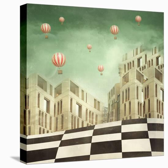 Illustration of a Several Modern Buildings in a Surreal Landscape and Many Hot Air Balloons-Valentina Photos-Stretched Canvas