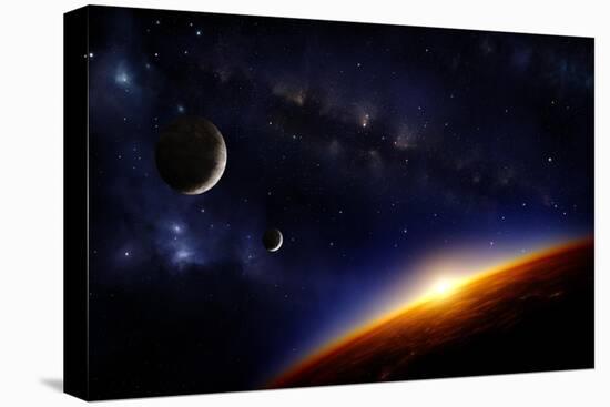 Illustration of an Alien Planet in Space with Two Moons and the Sun Setting over its Horizon-Inga Nielsen-Stretched Canvas