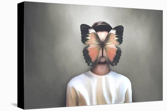 illustration of attractive woman with butterfly flying over her face, surreal concept-Francesco Chiesa-Stretched Canvas