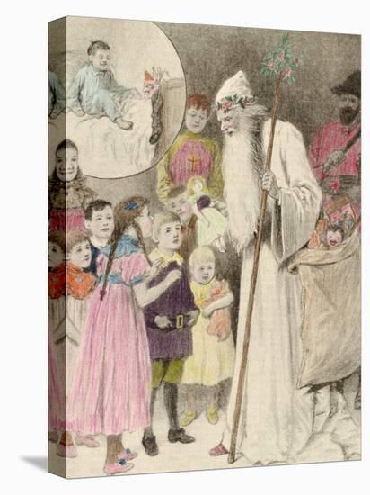 Illustration of Nicolo and the Krampus, Showing a Saint Nicholas Giving Presents to Children-null-Premier Image Canvas