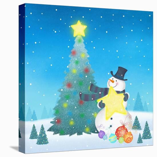 Illustration of Snowman Next to a Chirstmas Tree-null-Premier Image Canvas