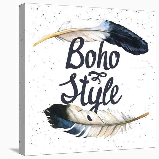Illustration with Boho-Chic Label. Hand Drawn Watercolor Feathers on White Background. Hippie Style-Mona Monash-Stretched Canvas
