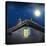 Illustrative Detail of a Roof with Chimney, Window and a Black Cat at Night with Moon and Stars-Valentina Photos-Stretched Canvas