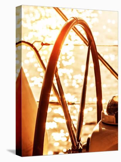 Image of Sailboat Helm on Sunset, Steering Wheel of Yacht, Rudder of Vessel on Sunrise, Sea Transpo-Anna Omelchenko-Premier Image Canvas