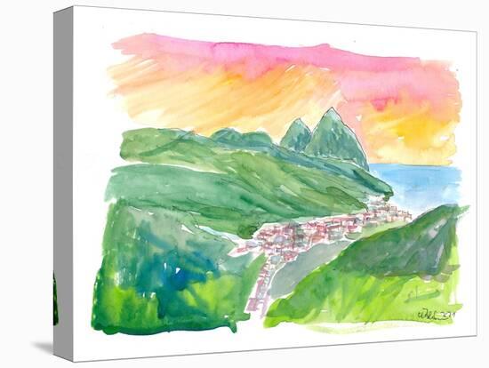 Impressive Pitons in St Lucia with Soufriere and unforgettable Caribbean Sunset-M. Bleichner-Stretched Canvas