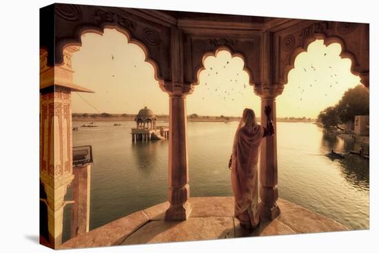 India, Rajasthan, Jaisalmer, Gadi Sagar Lake, Indian Woman Wearing Traditional Saree Outfit-Michele Falzone-Premier Image Canvas