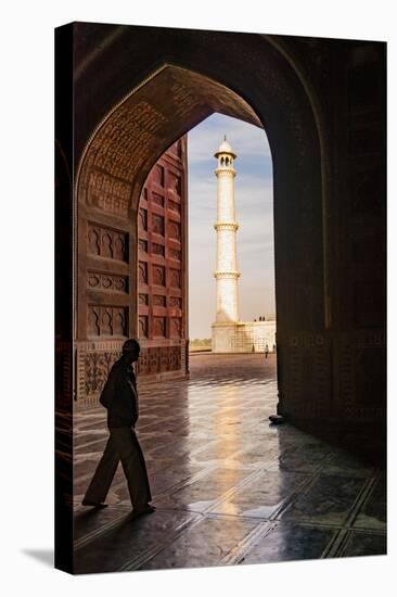 India, Uttar Pradesh. Agra. Taj Mahal minaret framed by mosque arch-Alison Jones-Premier Image Canvas