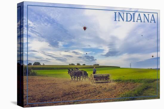 Indiana - Amish Farmer and Hot Air Balloons-Lantern Press-Stretched Canvas