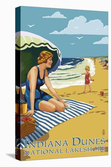 Indiana Dunes National Seashore, Indiana - Woman on Beach-Lantern Press-Stretched Canvas