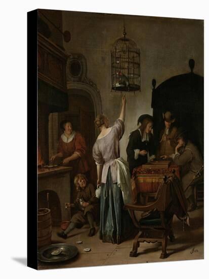 Interior with a Woman Feeding a Parrot Two Men Playing Backgammon and Other Figures, 1670-Jan Havicksz Steen-Premier Image Canvas