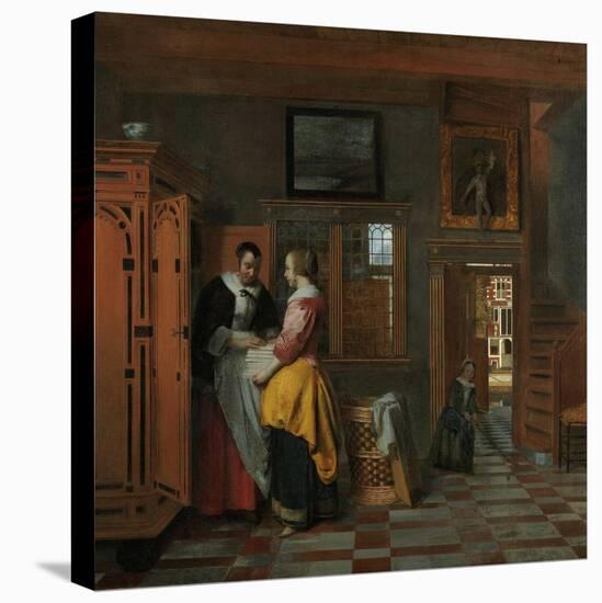 Interior with Women Beside a Linen Cupboard-Pieter de Hooch-Stretched Canvas