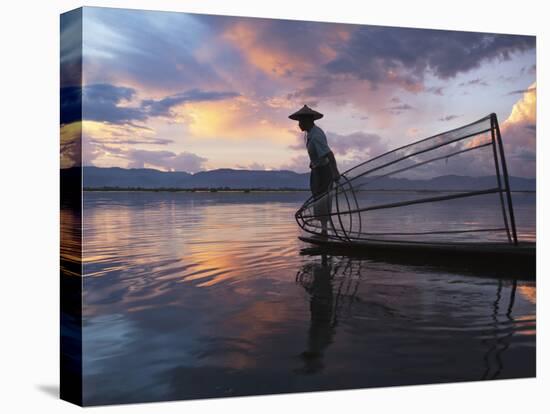 Intha Fisherman Rowing Boat with Fishing Net on Inle Lake, Myanmar, Asia-Keren Su-Premier Image Canvas