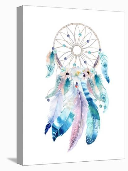 Isolated Watercolor Decoration Bohemian Dreamcatcher. Boho Feathers Decoration. Native Dream Chic D-krisArt-Stretched Canvas