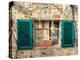 Italy, Chianti, Monteriggioni. Barred window with shutters, wine bottles and planter.-Julie Eggers-Premier Image Canvas