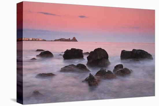 Italy, Sicilia, Sicily, Last Light at Dusk, in the Background the Cyclopes Stacks of Acitrezza-Salvo Orlando-Premier Image Canvas