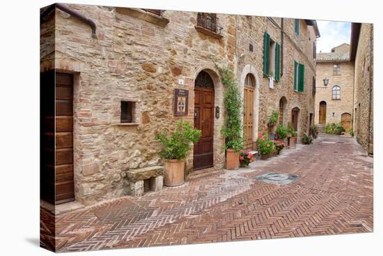 Italy, Tuscany, Pienza. Flower pots and potted plants decorate a narrow street in a Tuscany-Julie Eggers-Premier Image Canvas