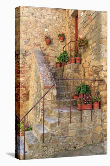 Italy, Val d'Orcia in Tuscany, province of Siena, Monticchiello. Stairs with potted flowers.-Emily Wilson-Premier Image Canvas