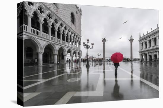 Italy, Veneto, Venice. Woman with Red Umbrella in Front of Doges Palace with Acqua Alta (Mr)-Matteo Colombo-Premier Image Canvas
