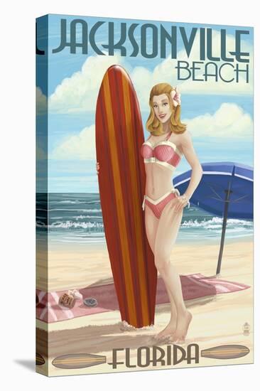 Jacksonville Beach, Florida - Surfer Pinup Girl-Lantern Press-Stretched Canvas