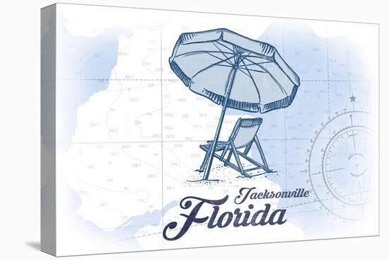 Jacksonville, Florida - Beach Chair and Umbrella - Blue - Coastal Icon-Lantern Press-Stretched Canvas