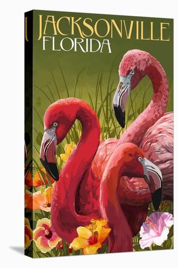 Jacksonville, Florida - Flamingos-Lantern Press-Stretched Canvas