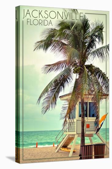 Jacksonville, Florida - Lifeguard Shack and Palm-Lantern Press-Stretched Canvas