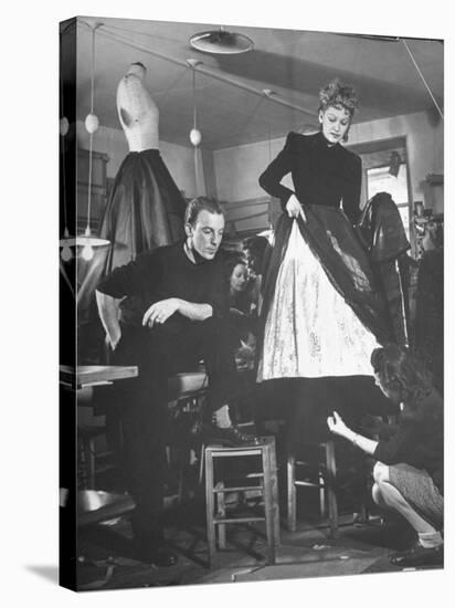 Jacques Fath Watching as the Tailor Hymns the Loose Ends at the Bottom of the Dress-Nina Leen-Premier Image Canvas