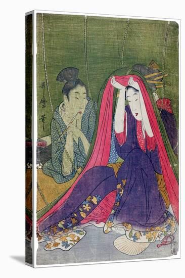 Japan: a Couple, the Man Smoking a Pipe and a Woman Lifting the Mosquito Net-Kitagawa Utamaro-Premier Image Canvas