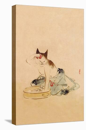 Japanese Cat Bathing-null-Stretched Canvas