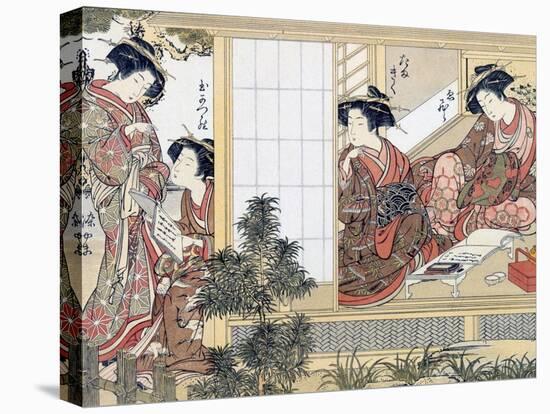 Japanese Women Reading and Writing (Colour Woodblock Print)-Katsukawa Shunsho-Premier Image Canvas