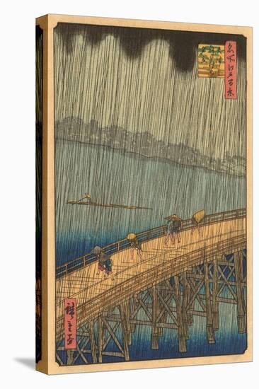 Japanese Woodblock, Crossing Bridge in Rain-null-Stretched Canvas