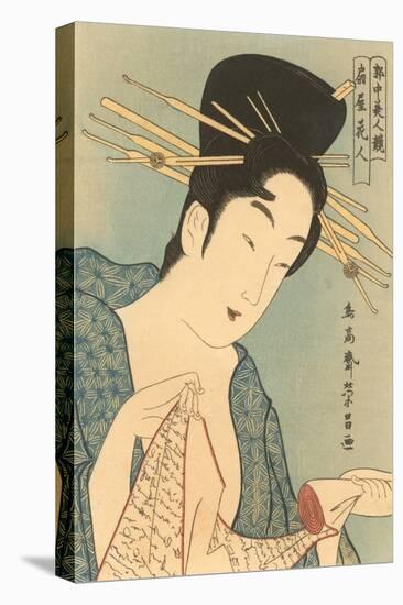 Japanese Woodblock, Lady with Scroll-null-Stretched Canvas