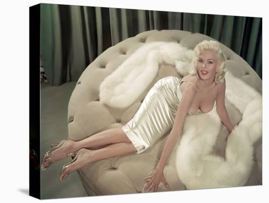 Jayne Mansfield Wearing a Close-Fitting Dress and a Fur Stole, C. 1956-null-Stretched Canvas