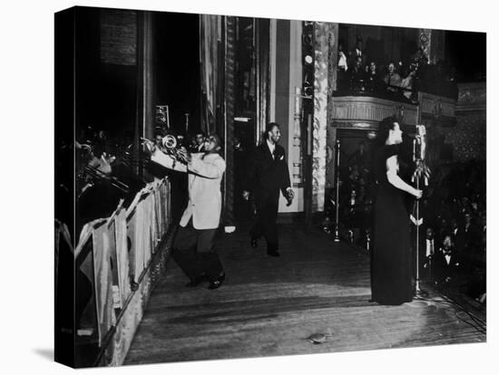 Jazz and Blues Singer Billie Holiday with Bluesmen Hot Lips Page and Jimmie Evans at Apollo Theatre-null-Stretched Canvas