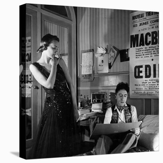 Jean Cocteau Sketching Model Elizabeth Gibbons in a Chanel Dress in His Hotel Bedroom-Roger Schall-Premier Image Canvas