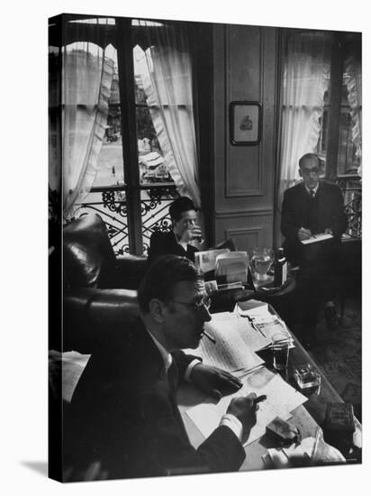 Jean Paul Sartre, Simone de Beauvoir and Saul Steinberg at Sartre's Home in Paris-Gjon Mili-Premier Image Canvas