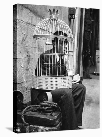 Jerry Lewis Clowning around by Wearing a Birdcage over His Head During Filming of "The Stooge"-Allan Grant-Premier Image Canvas