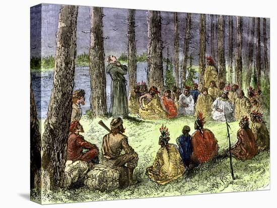 Jesuit Missionary Preaching to Native Americans and Fur Traders in the Wilderness-null-Premier Image Canvas