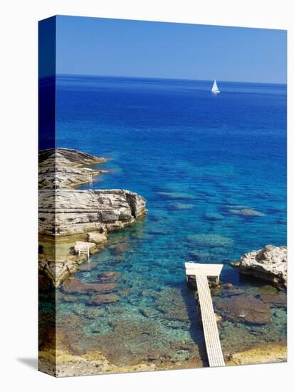 Jetty on the Beach and Boat, Rhodes, Dodecanese, Greek Islands, Greece, Europe-Sakis Papadopoulos-Premier Image Canvas