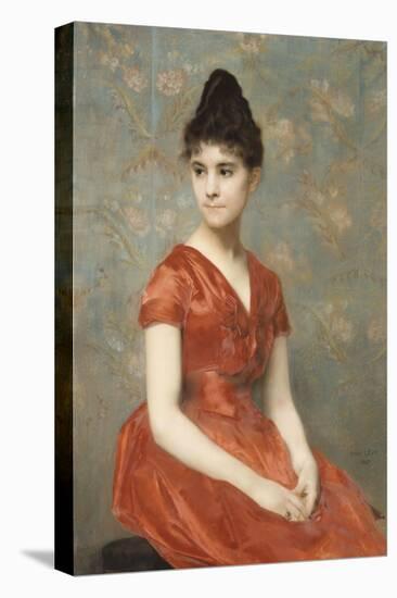 Jeune fille en robe rouge sur fond de fleurs-Emile Levy-Premier Image Canvas