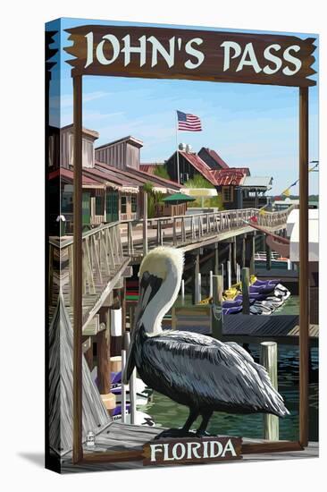 John's Pass, Florida - Pelican and Dock-Lantern Press-Stretched Canvas