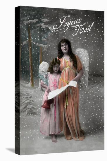 Joyeux Noel - Merry Christmas in French, Little Girl Carols with Angel-Lantern Press-Stretched Canvas